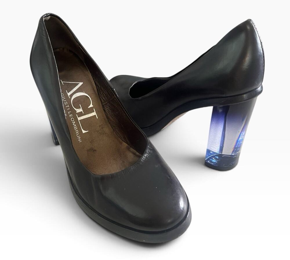 AGL Attilio Giustile LeombrunI Italy Lucite High Heels Sz 38 US 8 Black Leather